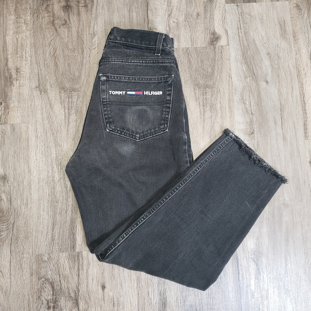 Vintage Tommy Hilfiger Ultra High Waist Black Denim Jeans Raw Hem Cut Women's 29